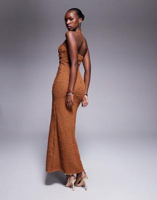 Asos Design Ruffle Crochet Bandeau Maxi Dress In Brown