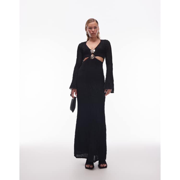 crochet long sleeve midi dress Miss Circle Pamina Beige Crochet Long Sleeve Midi Flare Mermaid Dress S