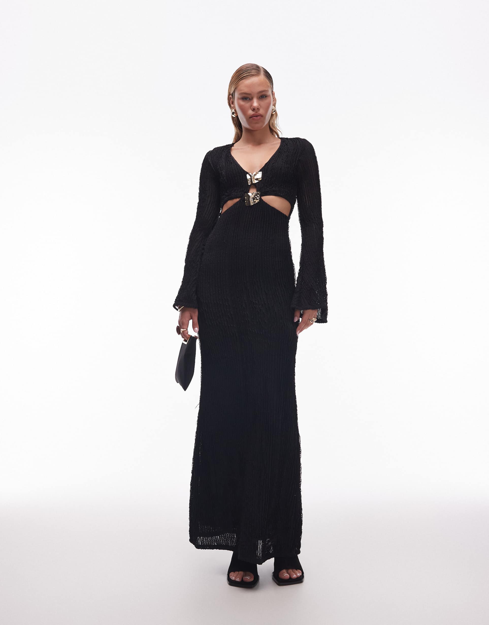 asos design ruffle crochet long sleeve midi dress with gold hardware detail in black