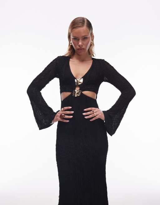 ASOS DESIGN ruffle crochet long sleeve midi dress with gold hardware detail  in black | ASOS