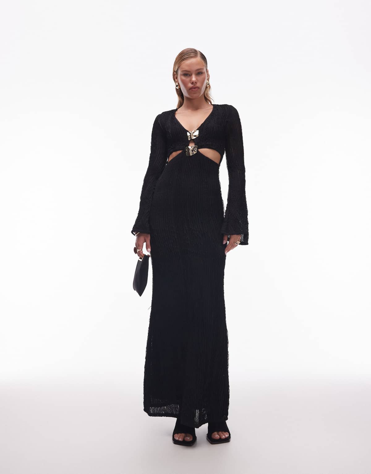 ASOS DESIGN ruffle crochet long sleeve midi with gold hardware detail in black