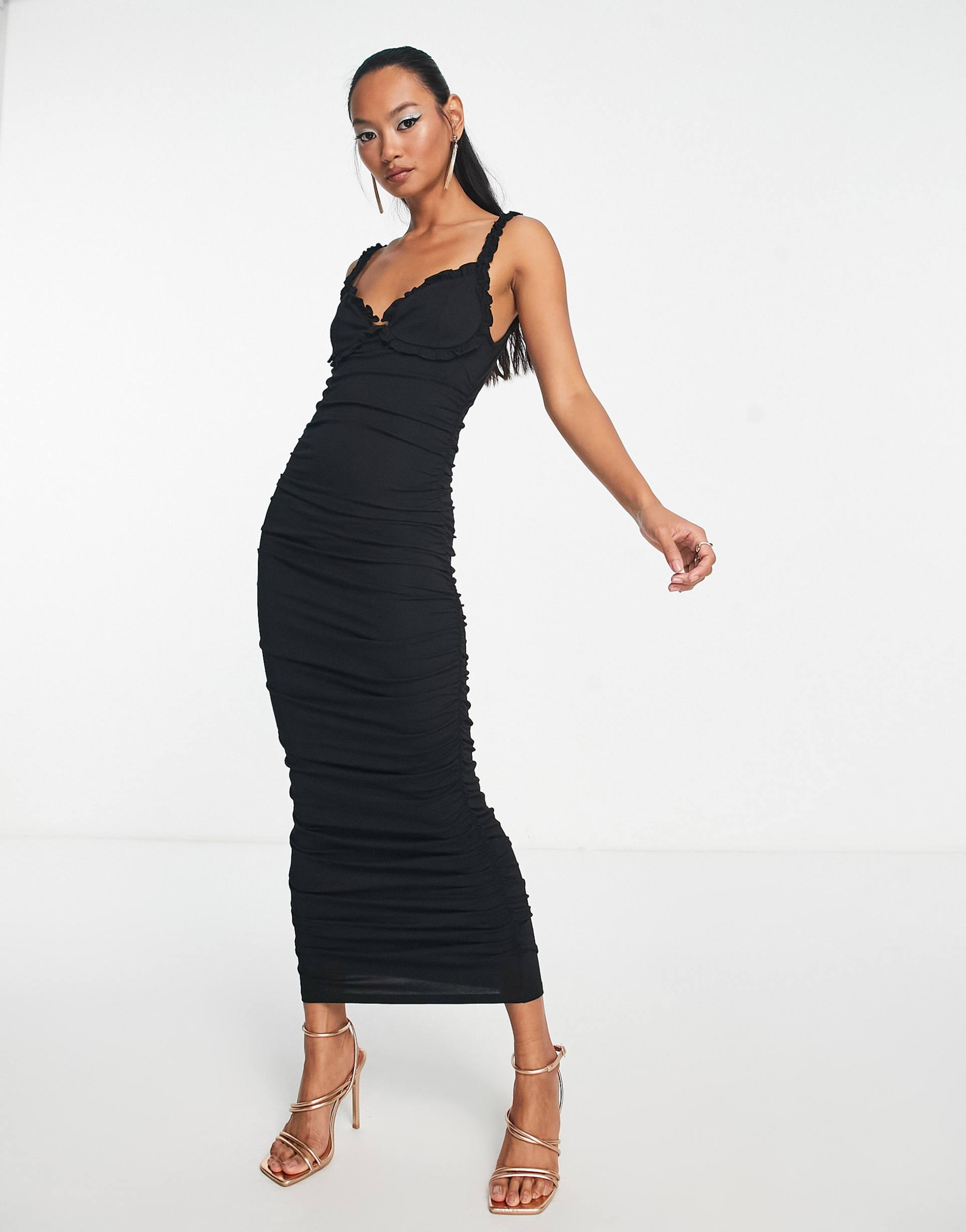 asos design ruffle cupped midi dress in black