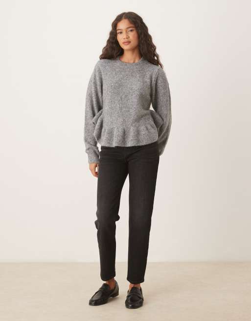 ASOS DESIGN ruffle curved hem jumper in grey, 2 of 4