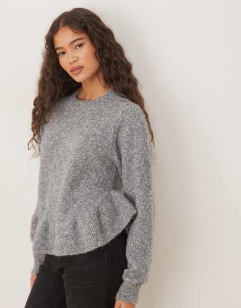 ASOS DESIGN ruffle curved hem sweater in gray - view 1