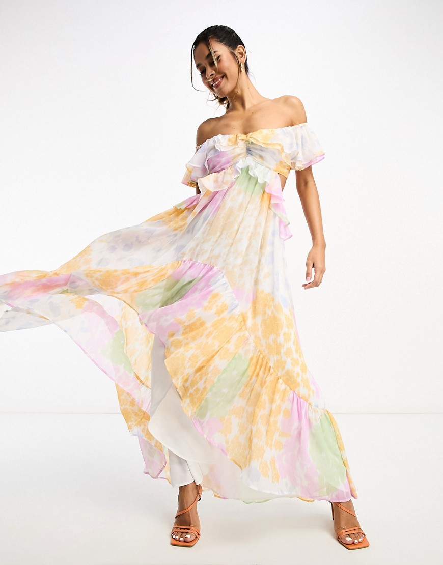 ASOS DESIGN ruffle cut out off the shoulder maxi dress with hi low hem in mixed blurred floral print-Multi