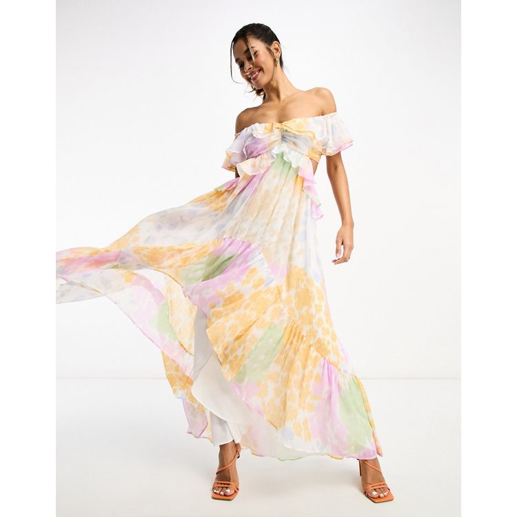 ASOS Dungaree Maxi Dress in Blurred Floral Print