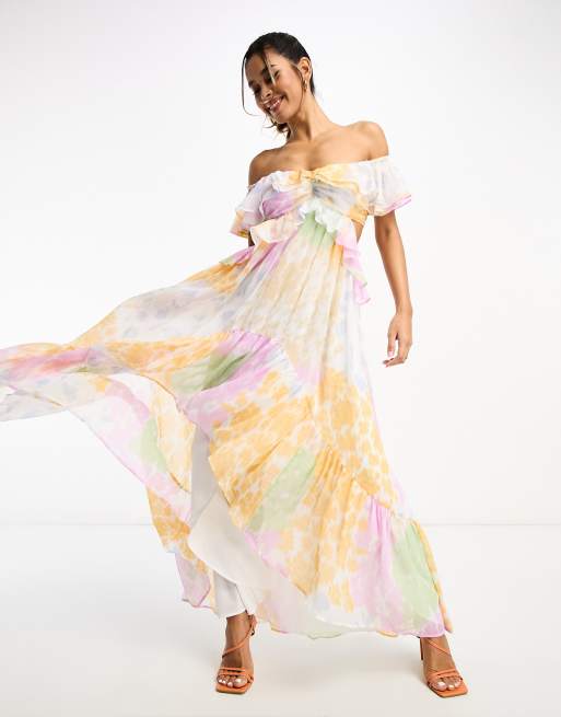 ASOS DESIGN ruffle cut out off the shoulder maxi dress with hi low hem in mixed blurred floral print