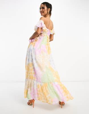 ASOS DESIGN ruffle cut out off the shoulder maxi dress with hi low hem in  mixed blurred floral print