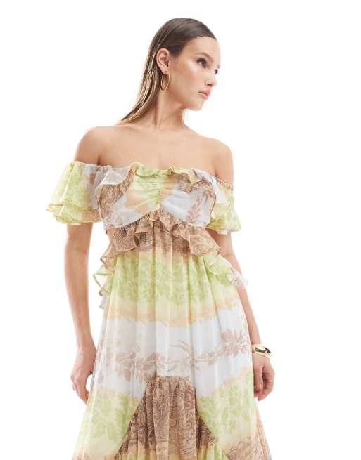 ASOS DESIGN ruffle cut out off the shoulder maxi dress with hi low hem in mixed vintage floral ASOS