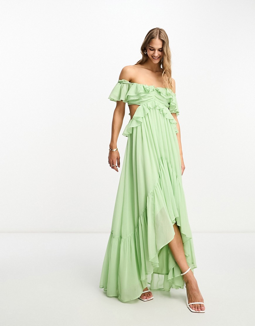 ASOS DESIGN ruffle cut out off the shoulder maxi dress with hi low hem in sage green