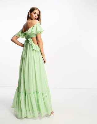 Asos design dipped hem maxi dress store with 3d embellishment and ruffle sleeve