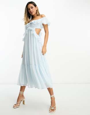 Asos Design Ruffle Cut-out Off-the-shoulder Midi Dress In Soft Blue