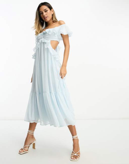 ASOS DESIGN ruffle cut out off the shoulder midi dress in soft blue