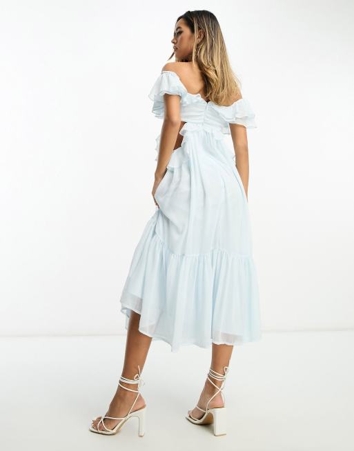 ASOS DESIGN ruffle cut-out off-the-shoulder midi dress in soft blue