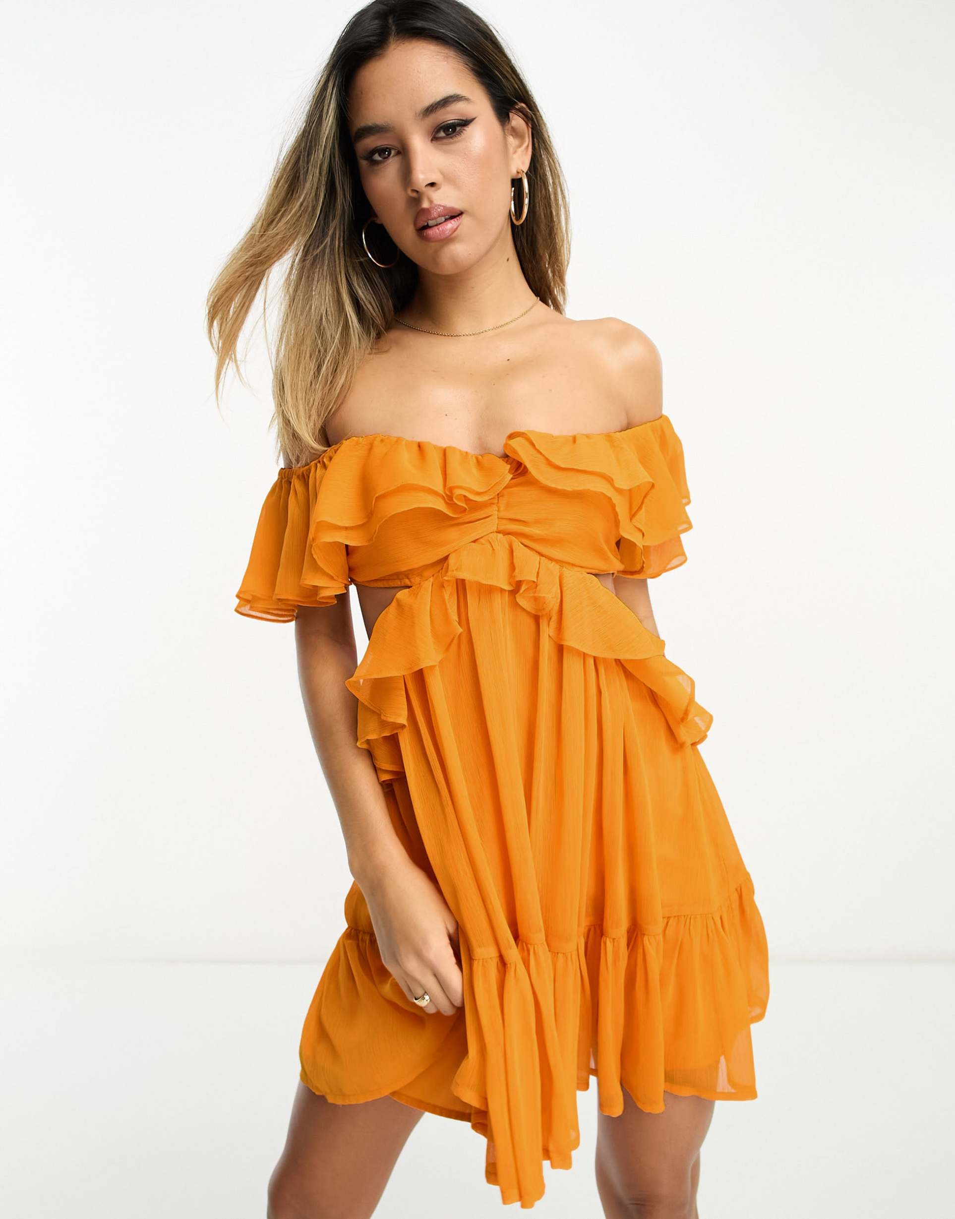 asos design ruffle cut out off the shoulder mini dress in orange