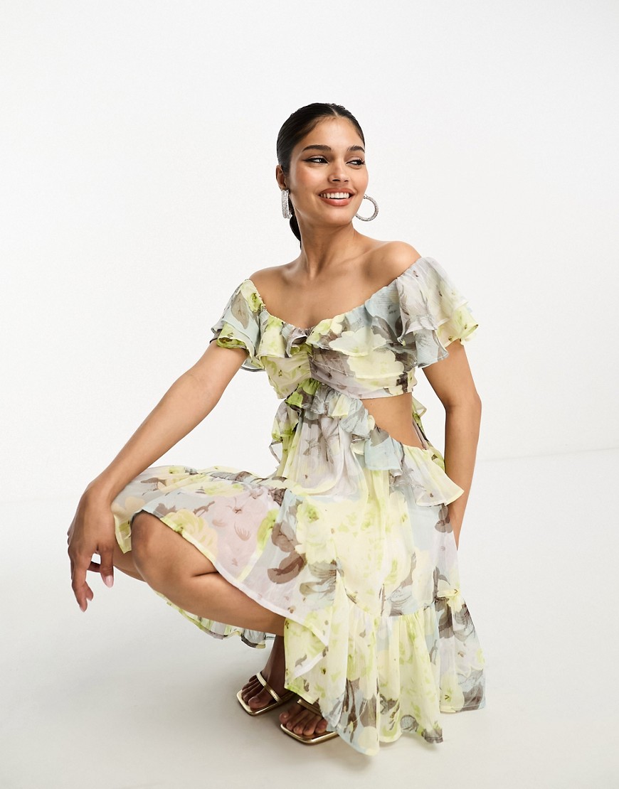 ASOS DESIGN ruffle cut out off the shoulder mini dress with hi low hem in green floral print-Multi