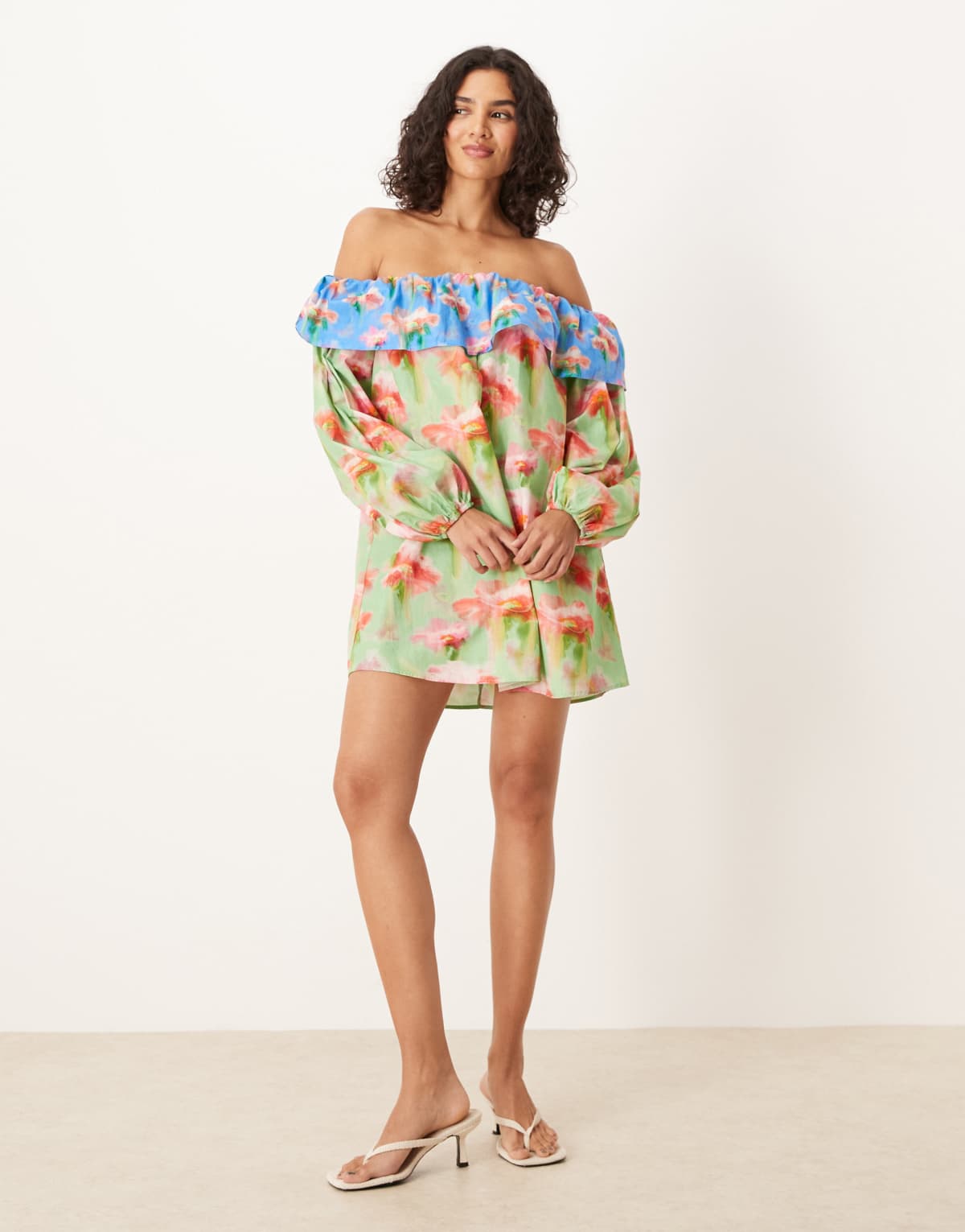 ASOS DESIGN ruffle detail bardot mini dress in floral print