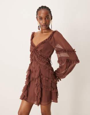 ruffle detail blouson sleeve mini dress in chocolate-Brown