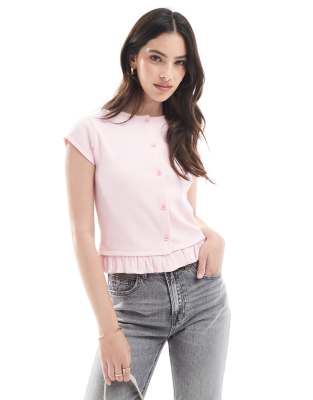 Asos Design Ruffle Detail Cap Sleeve Button Front Top In Pink
