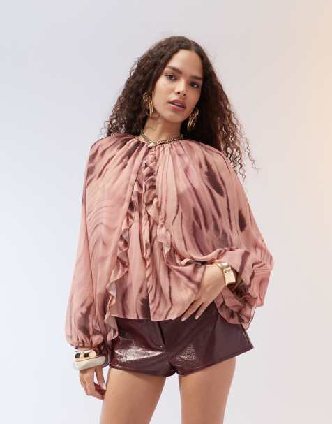 ASOS DESIGN ruffle detail cape sleeve chiffon top in woodland print - view 1