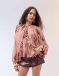 [ASOS DESIGN] ASOS DESIGN ruffle detail cape sleeve chiffon top in woodland print-Multi 10 Woodland print