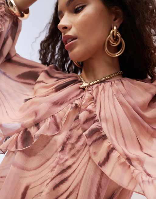 ASOS DESIGN ruffle detail cape sleeve chiffon top in woodland print, 4 of 4