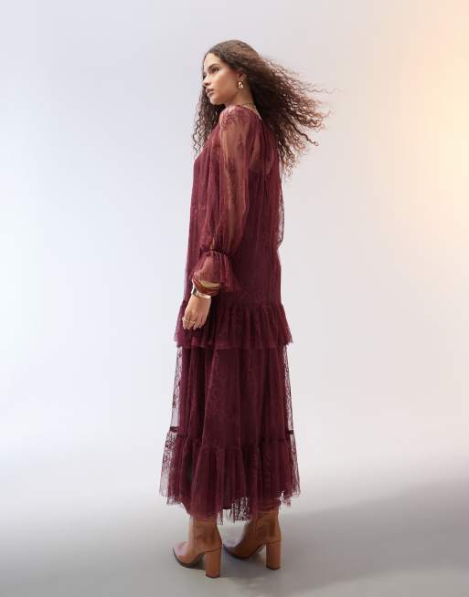 ASOS DESIGN ruffle detail lace maxi dress in burgundy