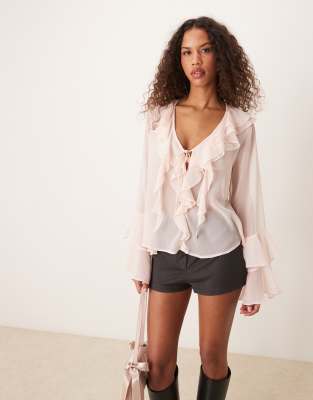 ruffle detail long sleeve top in pink