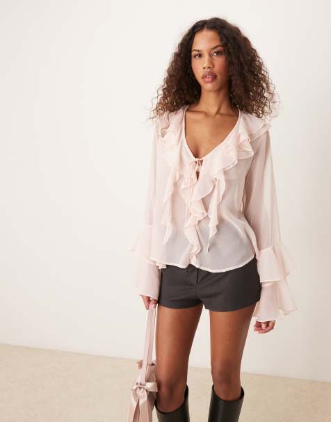 ASOS DESIGN ruffle detail long sleeve top in pink - view 1