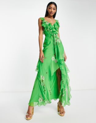 Asos design dipped hem maxi dress hotsell with 3d embellishment and ruffle sleeve