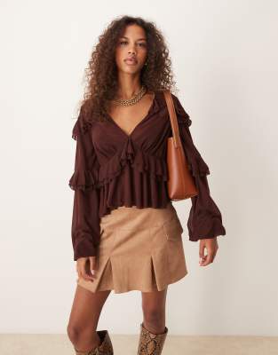 ruffle detail mesh blouse with plunge neck in chocolate-Brown