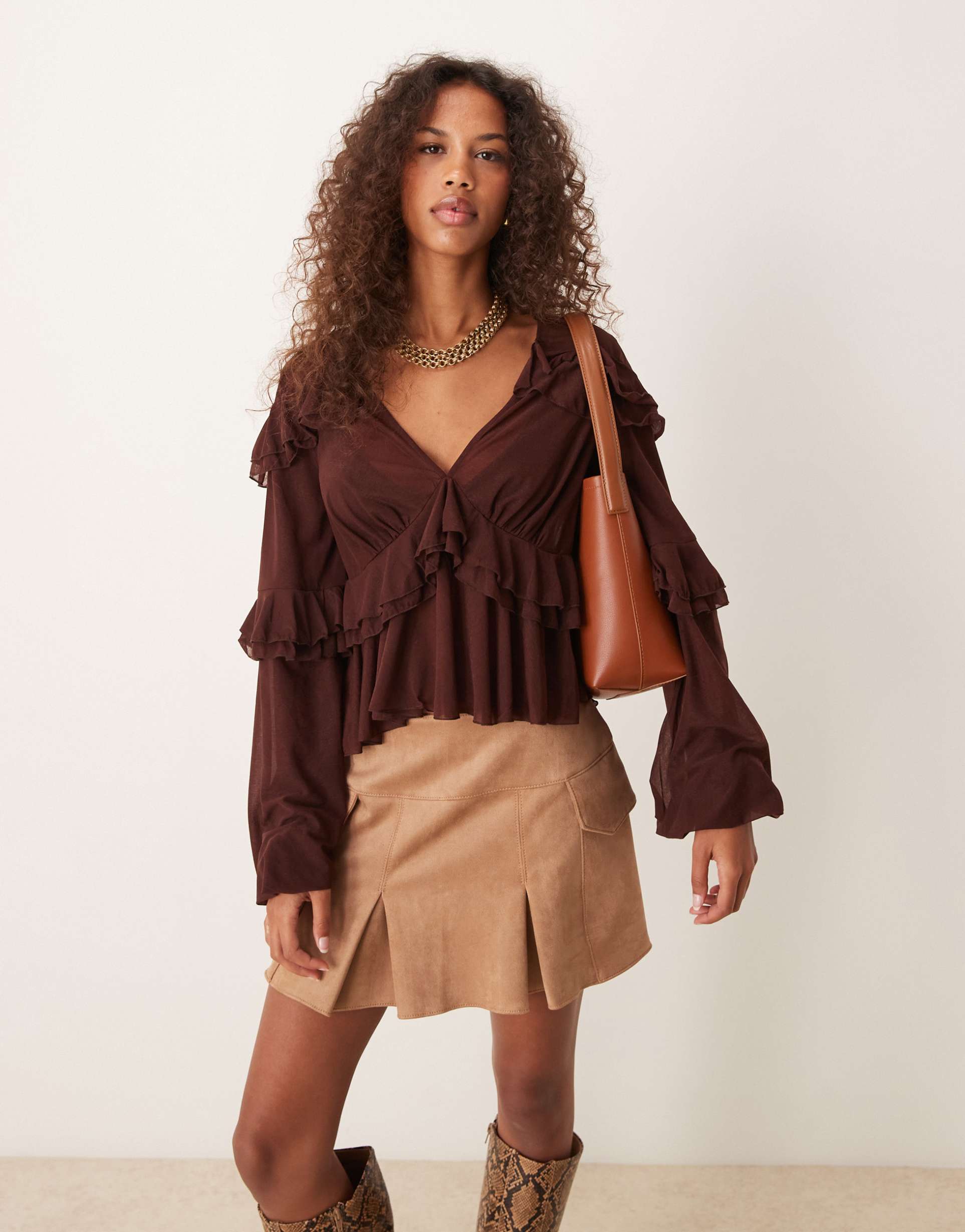 asos design ruffle detail mesh blouse with plunge neck in chocolate