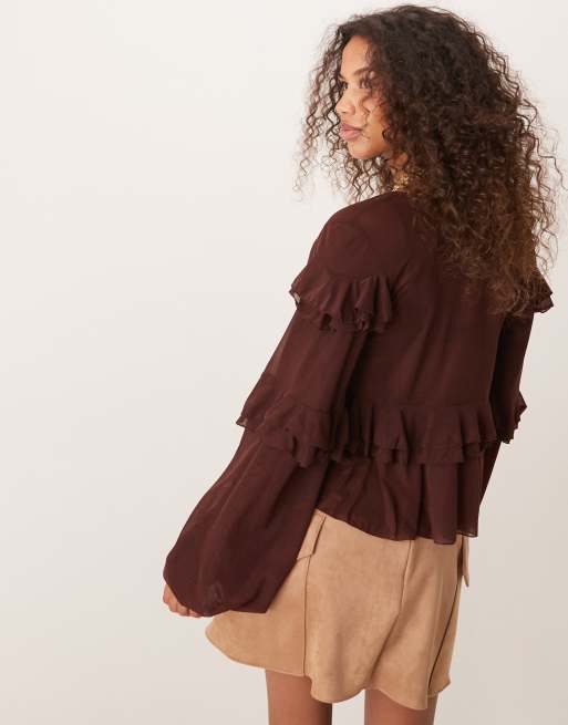 Chocolate mesh ruffle blouse top