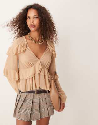 ruffle detail mesh blouse with plunge neck in sand-Neutral