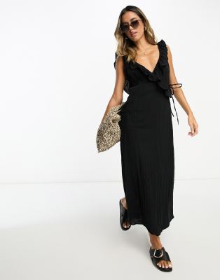 Shop Asos Design Ruffle Detail Midi Wrap Sundress In Black