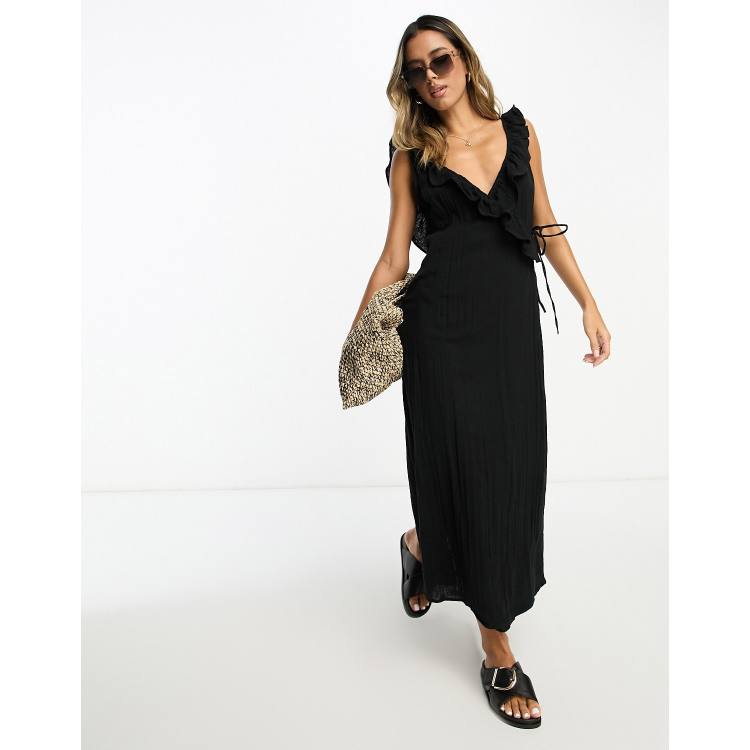 ASOS DESIGN ruffle detail midi wrap sundress in black