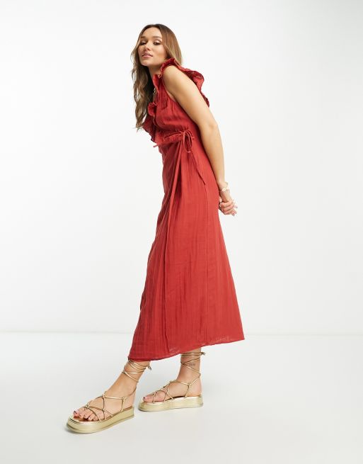 ASOS DESIGN linen square neck maxi dress with cut out tie back in