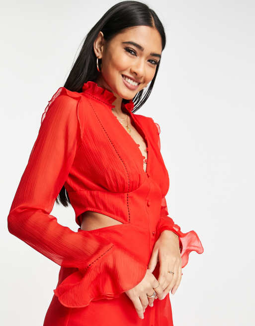 ASOS DESIGN ruffle detail mini dress with button detail in red, 2 of 4
