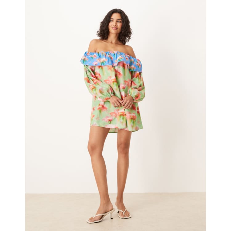 ASOS DESIGN ruffle detail off the shoulder mini dress in floral print | ASOS