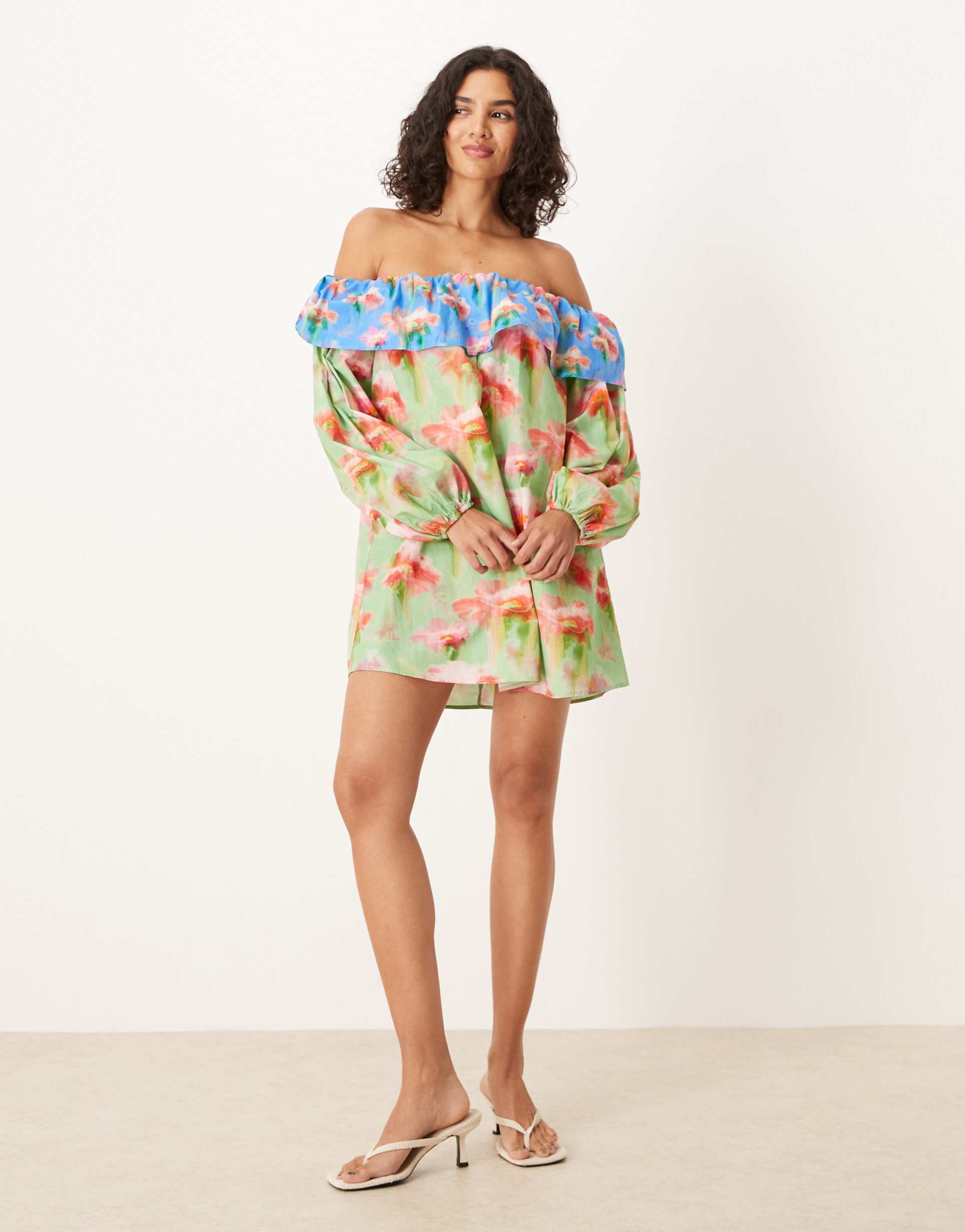 asos design ruffle detail off the shoulder mini dress in floral print