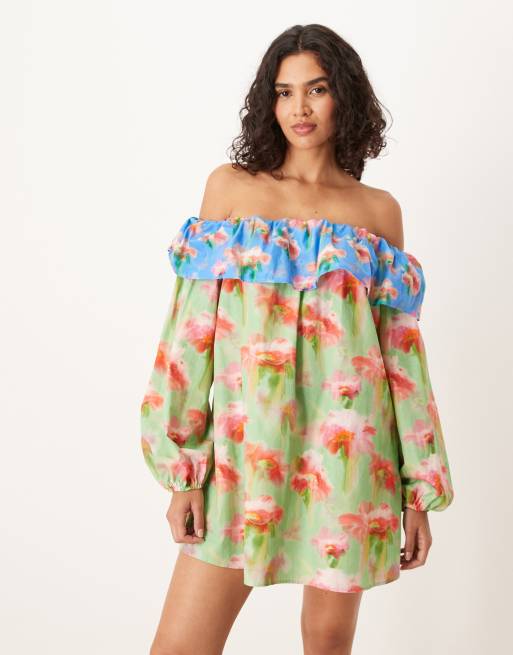 ASOS DESIGN ruffle detail off the shoulder mini dress in floral print