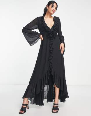 ASOS DESIGN ruffle detail plunge dobby midi dress with corsage in black - ASOS Price Checker