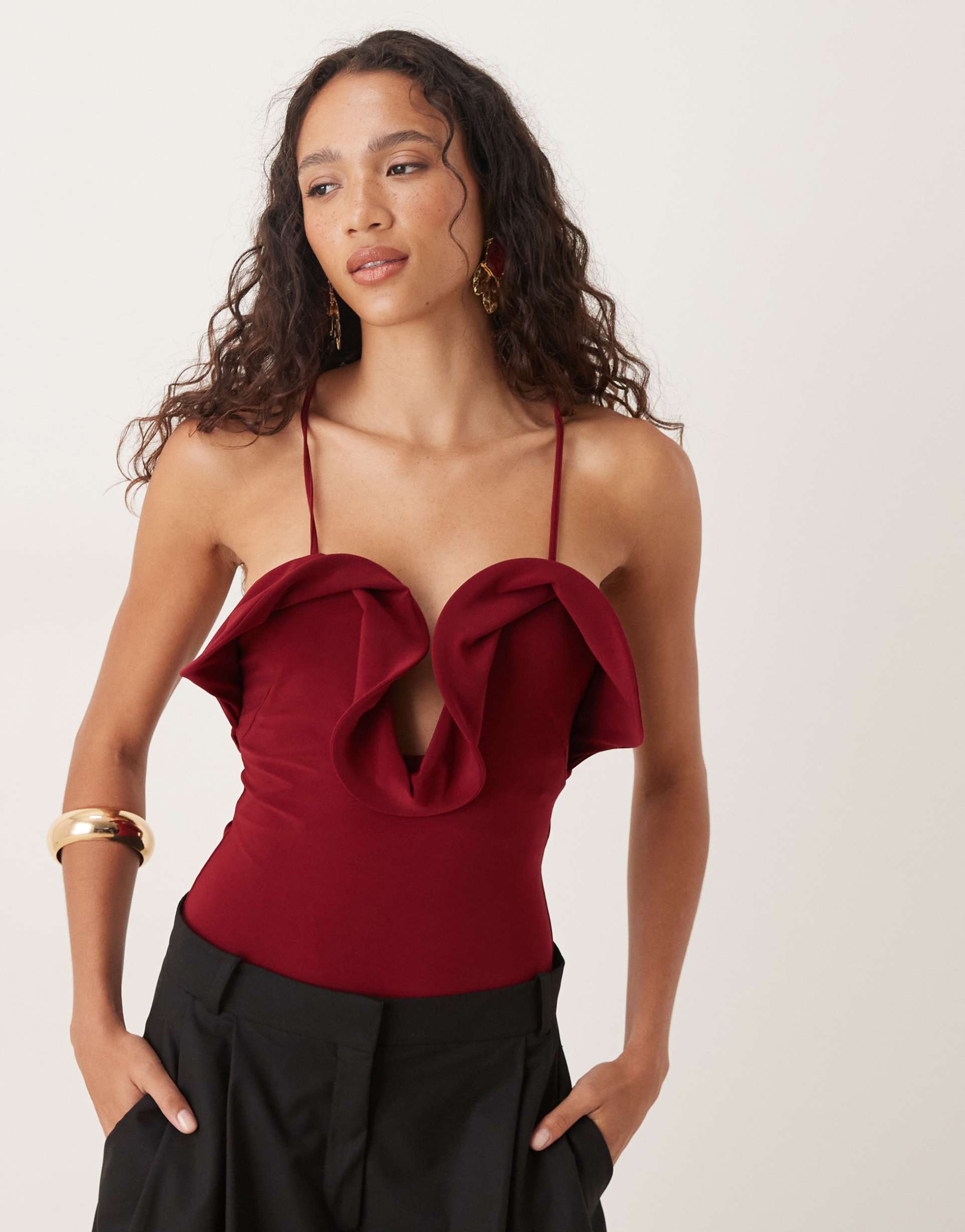asos design ruffle detail plunge halterneck bodysuit in burgundy