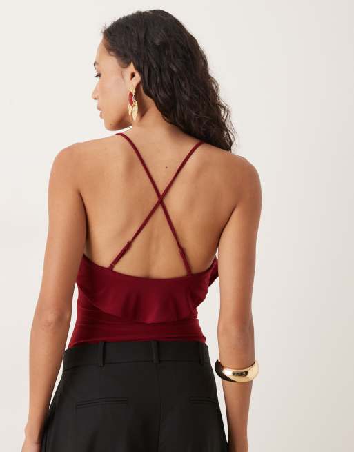 ASOS DESIGN ruffle detail plunge halterneck bodysuit in burgundy
