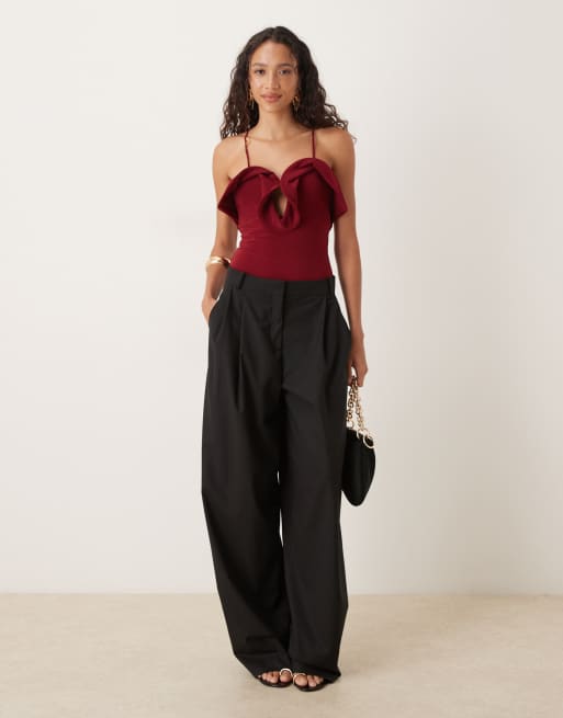 ASOS DESIGN ruffle detail plunge halterneck bodysuit in burgundy