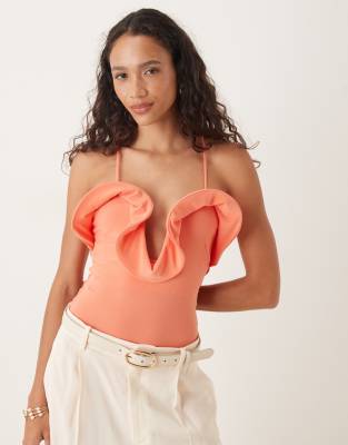 Asos Design Ruffle Detail Plunge Halterneck Bodysuit In Orange