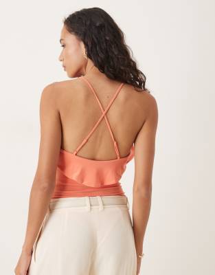 Asos Design Ruffle Detail Plunge Halterneck Bodysuit In Orange