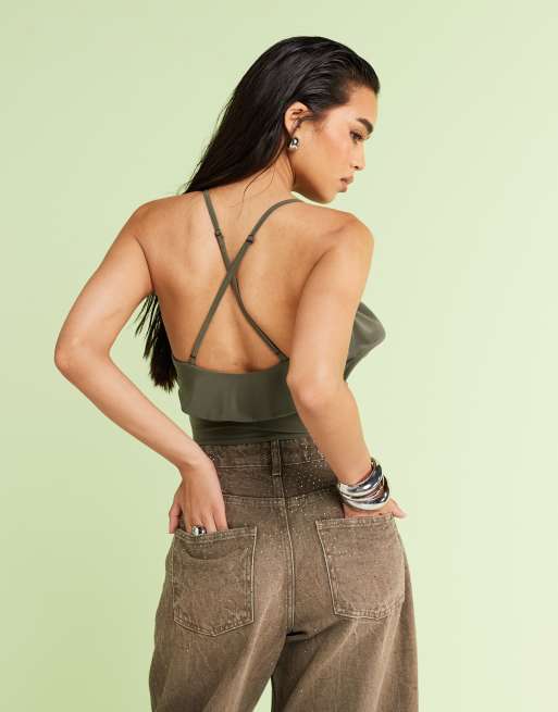 ASOS DESIGN frill detail plunge halterneck bodysuit in green