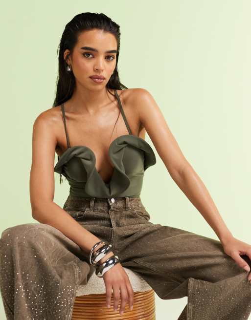 ASOS DESIGN frill detail plunge halterneck bodysuit in green