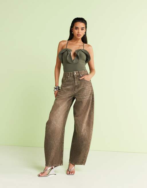 ASOS DESIGN frill detail plunge halterneck bodysuit in green